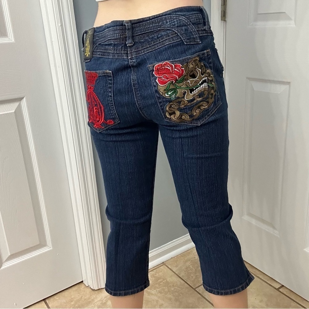 Christian Audigier Blue Cropped Jeans with Red and Brown Accents